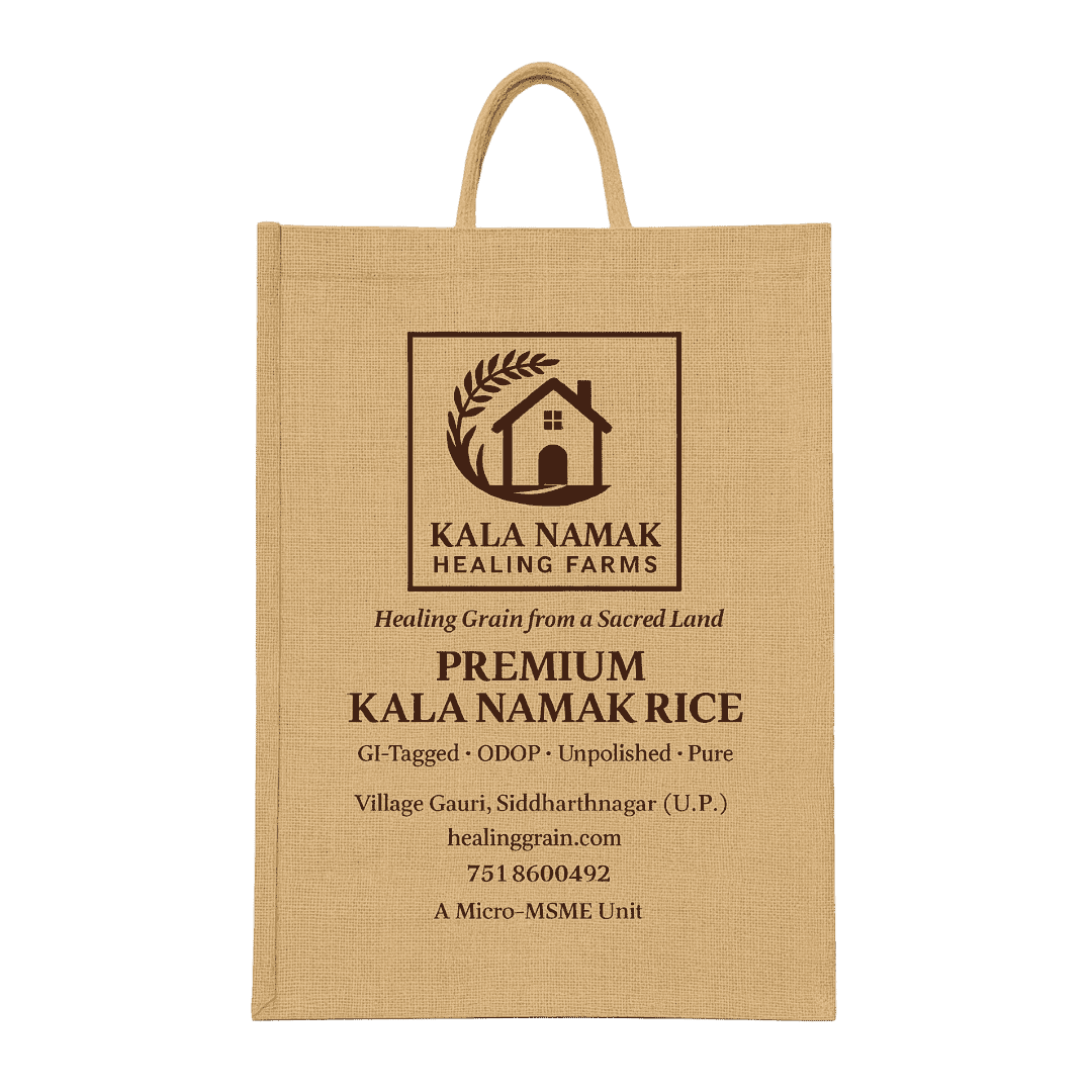 Eco juco gifting bag with pure G.I.-tagged Kala Namak heritage rice for weddings and gifting by Healing Grain